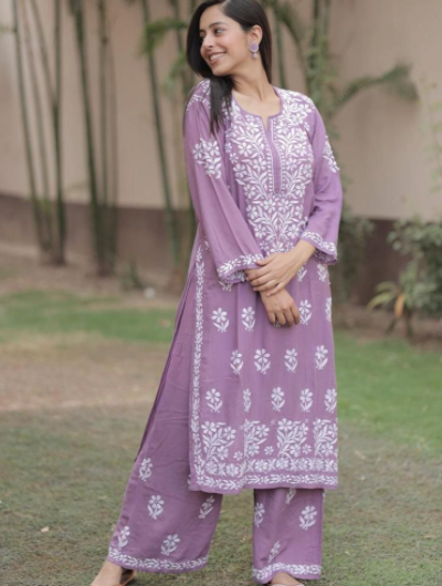 Lilac Cotton Chikankari Kurti Plazo Set 