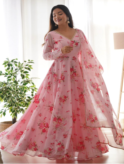 Pink Floral Anarkali Gown Dupatta Set of 2