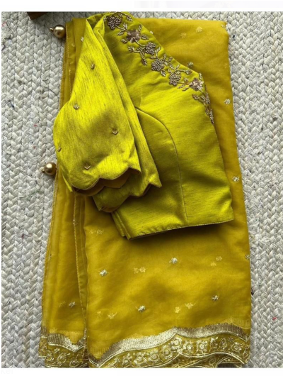 Lime Yellow Shimmer Sequin Saree with Readymade Blouse