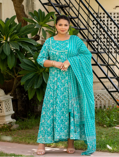 Anarkali Plus Size Turquoise Kurti Dupatta Set of 2