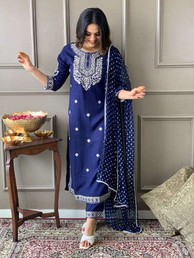 Blue Embroidery Salwar Suit Set of 3