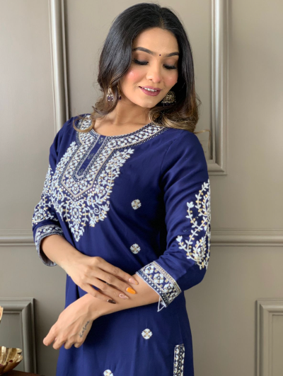 Blue Embroidery Salwar Suit Set of 3