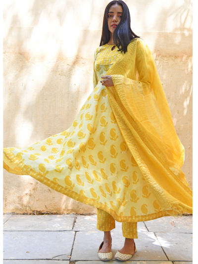 Yellow Anarkali Cotton Salwar Suit  (Set of 3)