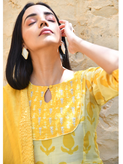 Yellow Anarkali Cotton Salwar Suit  (Set of 3)