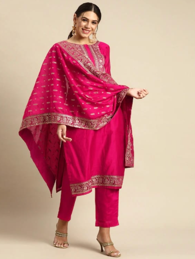 Pink Embroidery Salwar Suit Dupatta Set of 3