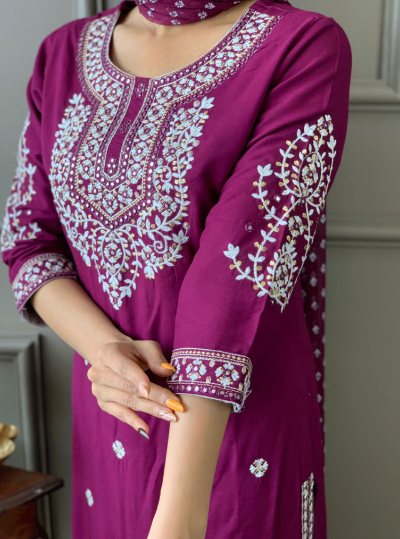 Magenta Embroidery Salwar Suit Dupatta Set of 3