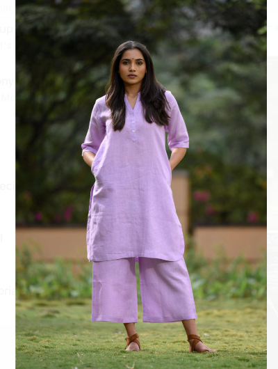 Lilac Plain Cotton Kurta Pant Set for Women