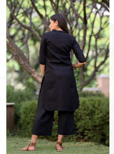 Black Plain Cotton Kurta Pant Set for Women