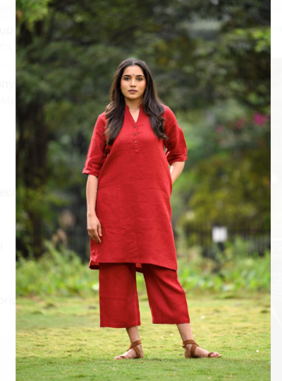 Red Plain Cotton Kurta Pant Set for Women