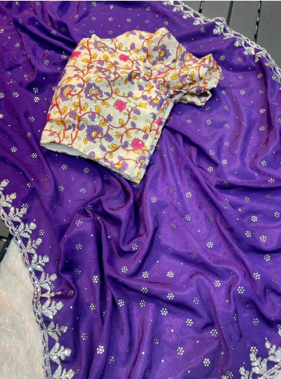 Soft Chinnon Silk Fabric Along With Designer Mukaish Work In Saree & heavy Silver sequence work Border Along With Designer Printed * stitched* Blouse   Blouse size 42 up to 44