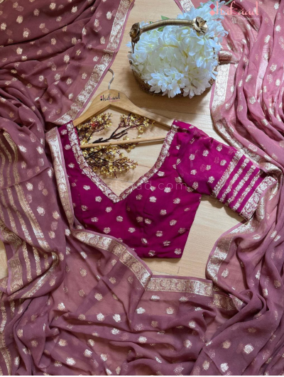 Pink Georgette Banarasi Zari Saree with Readymade Stitched Blouse