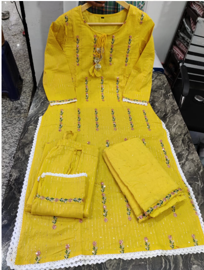 Yellow Embroidery Cotton Salwar Set of 3