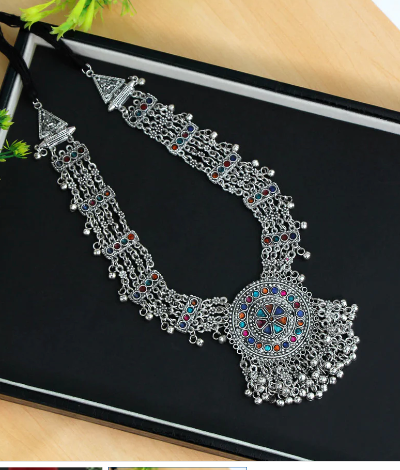 Navratri Silver Long Beads Multistrand Necklace