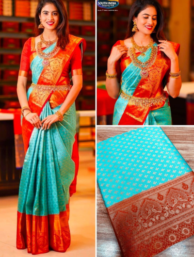 Mint Red Zari Kanchipuram Silk Wedding Saree