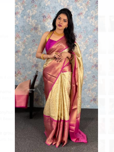 Gold Pink Zari Kanchipuram Silk Wedding Saree