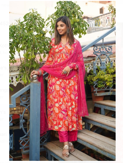 Pink Organge Alia Style Muslin Anarkali Flared Salwar Suit Dupatta