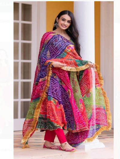 Multicolor Anarkali Flared Long Gown with Dupatta