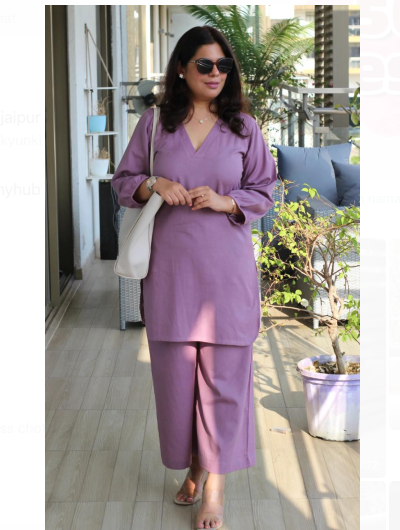 Lilac Petite Plain Cotton Kurta Pant Suit for Women BONYHUB