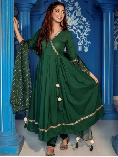 Bottle Green Anarkali Flared Cotton Salwar Suit 