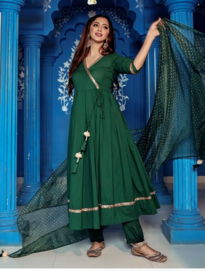 Bottle Green Anarkali Flared Cotton Salwar Suit 