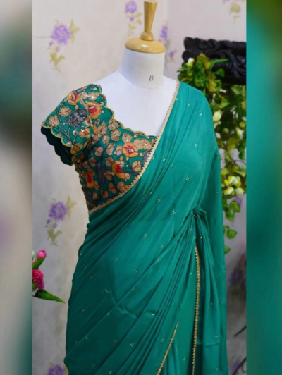 Beautiful pure chinon saree with fancy lace border & paired up with printed blous