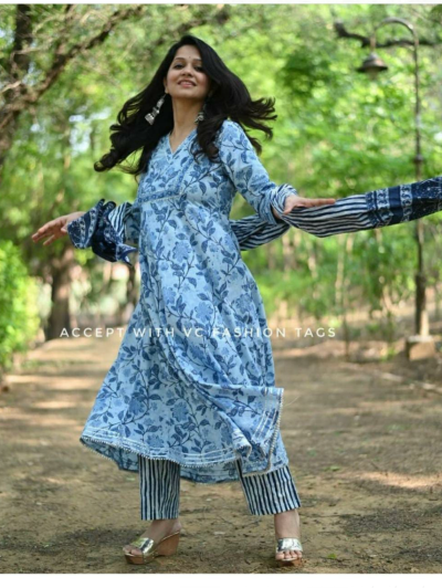 Indigo Bagru Cotton Blue Aline Salwar Suit