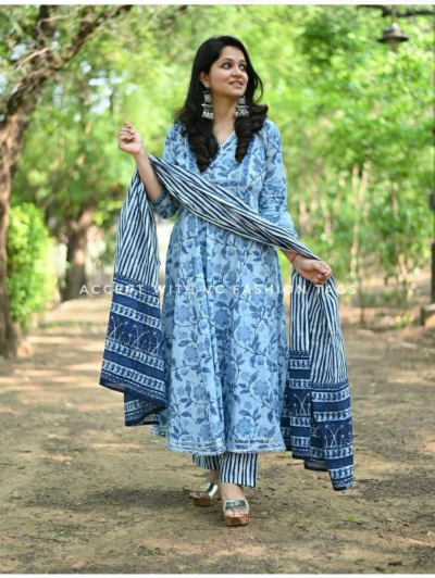 Indigo Bagru Cotton Blue Aline Salwar Suit