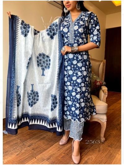 Indigo Lace Cotton Blue Striaght Salwar Suit