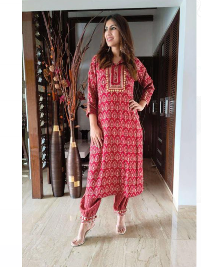 Red Coin Embroidery Women Kurti Set