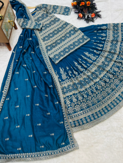 Teal Blue Silk Readymade Sequin Kurti Sharara Dupatta Set