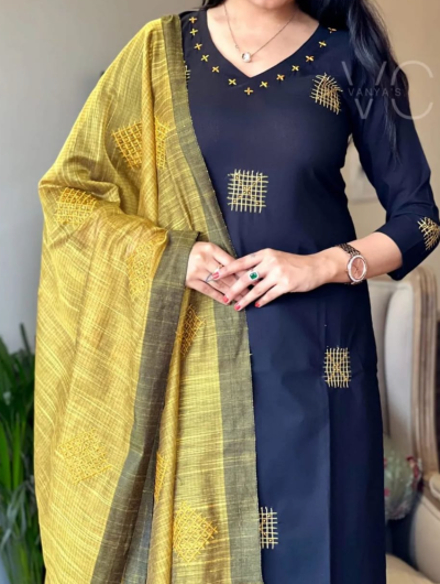 Black Yellow Handblock Cotton Readymade Salwar Suit