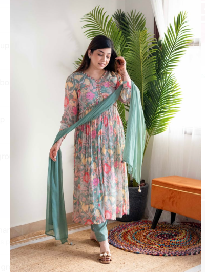 SeaGreen Muslin Mirrorwork Salwar Suit