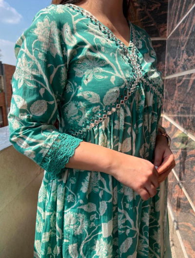 Teal Green Handblock Readymade Salwar Suit