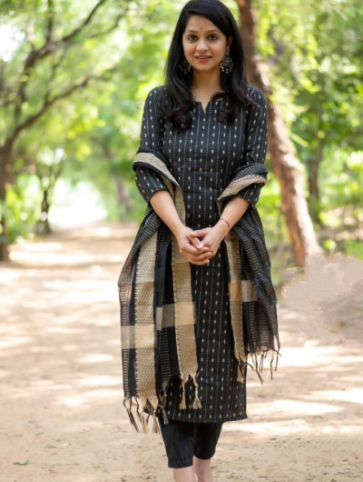 Ikat Handblock Straight Ethnic Cotton Salwar Suit 