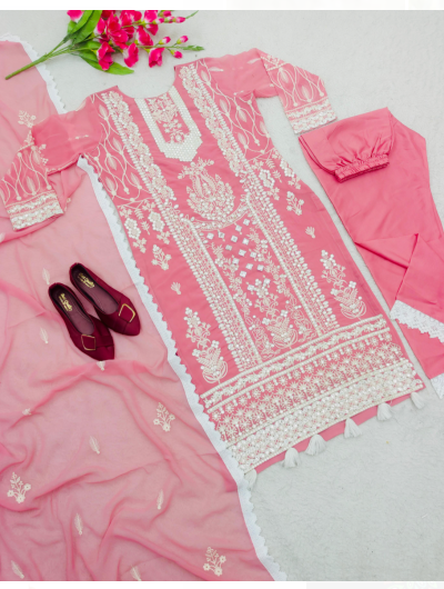 Baby Pink Embroidery Kurti, Pant and Dupatta Set of 3
