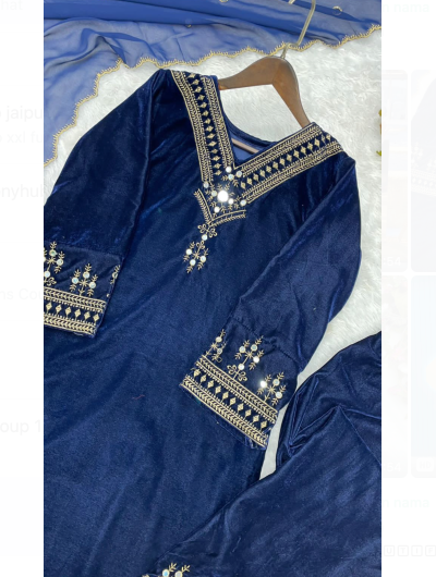 Navy Blue Velvet Embroidery Festival Salwar Suit