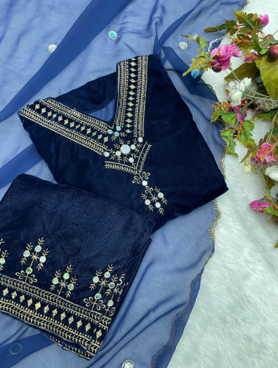 Navy Blue Velvet Embroidery Festival Salwar Suit