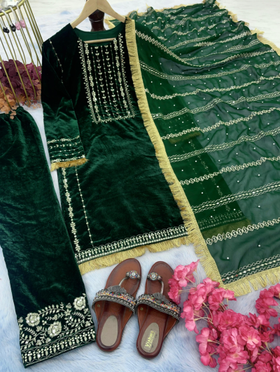 Green Velvet  Embroidery Kurti, Pant and Dupatta Set of 3