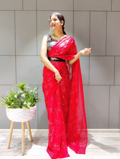 1 Min Ready to Wear Coral Stitched Saree