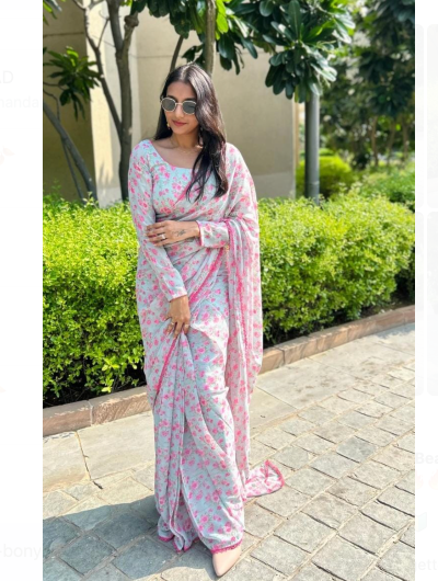 1 Min Pink Floral Georgette Stitched Readymade Sari