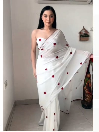 1 Min Ready to Wear Red White Stitched Saree