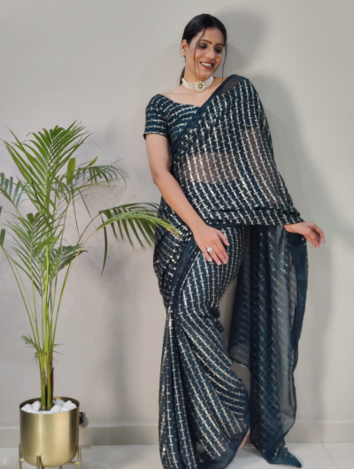 1 Min Ready to Wear Blue Sequin Stitched Saree