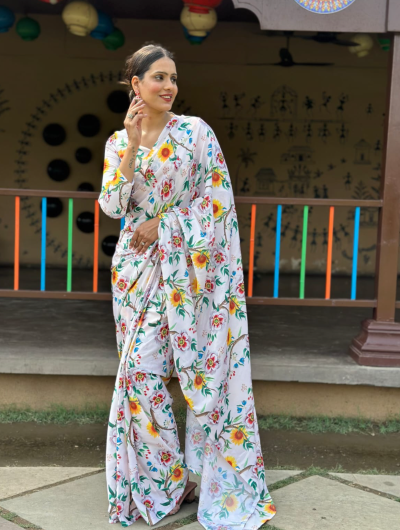1 Min Floral Ready to Wear Chinon silk  Stitched Saree