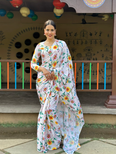 1 Min Floral Ready to Wear Chinon silk  Stitched Saree