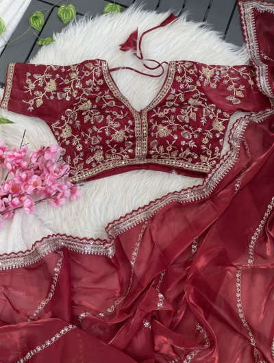 DarK Red Organza Silk Zari Saree with Readymade Stitched Blouse