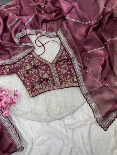 Onion Pink Organza Silk Zari Saree with Readymade Stitched Blouse