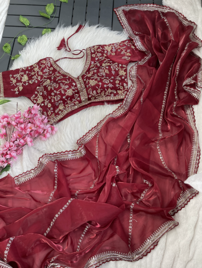 DarK Red Organza Silk Zari Saree with Readymade Stitched Blouse