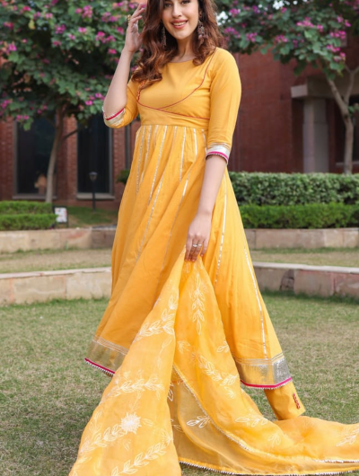 Yellow Mughal Anarkali Cotton Salwar Suit