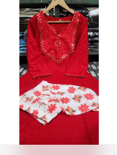 Hot Red Women Cotton Kurti Sharara Set