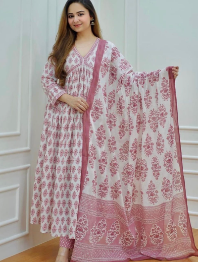 Pink  Floral Cotton Anarkali Dupatta Set of 3
